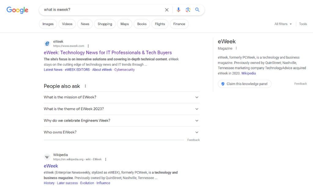 Google search on "what is eweek"?
