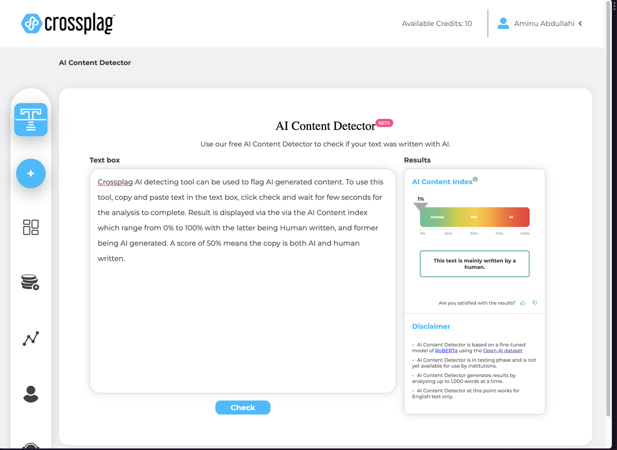 Crossplag sample text analysis with outputs.