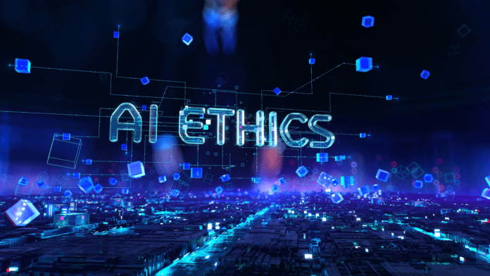 3D rendering of the word AI Ethics in a cyberspace environment.