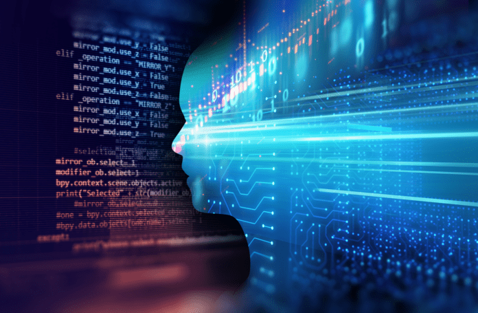 Double exposure image of financial graph and virtual human 3D with program codes on the background.
