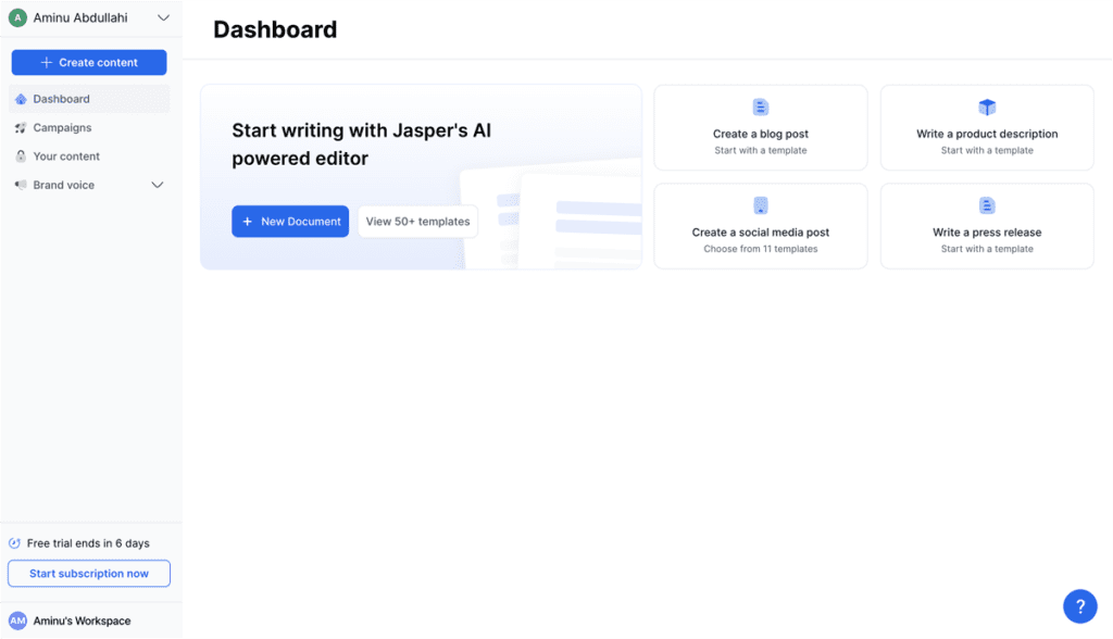 Jasper AI dashboard.