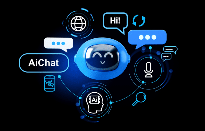 AI hologram and chat bot speech bubbles, helpdesk and customer support.