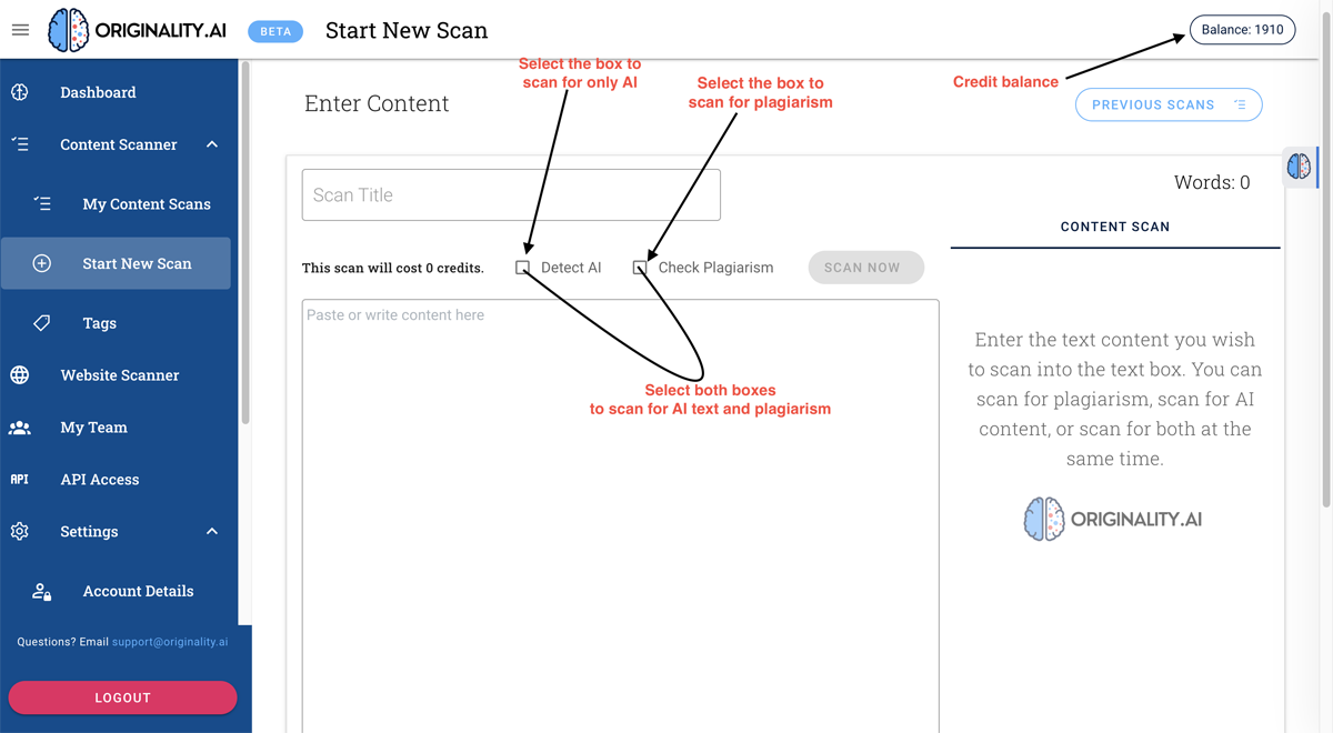 Originality AI scan area key capability view.